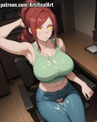 1girls ai_generated armpits artifical_art big_breasts blue_pants blush clitoris cum cum_in_pussy cum_on_armpits cum_on_body cum_on_breasts enen_no_shouboutai fire_force hands_behind_head jeans light-skinned_female light_skin lisa_isaribi long_hair orange_eyes perfect_body ponytail pussy pussy_hair red_hair solo tied_hair torn_pants voluptuous_female