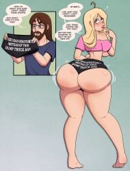 ass_expansion bimbo bimbofication blonde_hair booty_shorts brain_drain crop_top dumptruck_ass english_text female gender_transformation huge_ass original original_character pink_shirt text text_bubble thick_thighs transformation wrenzephyr2