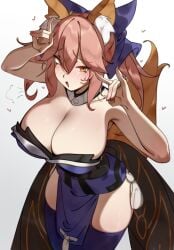 blush blush deko_morii fate/grand_order fate_(series) fox fox_ears fox_girl fox_tail japanese_clothes kimono large_breasts looking_at_viewer looking_up off_shoulder orange_fur pink_hair shortstack simple_background tamamo_(fate) tamamo_no_mae_(fate) thigh_highs thighhighs thighs white_background wide_hips yellow_eyes