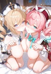 ai_assisted ai_generated barbara_(genshin_impact) blonde_hair genshin_impact honkai:_star_rail hyacine_(honkai:_star_rail) pink_hair tagme twintails two_girls