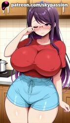 1girls 2025 adjusting_eyewear ai_assisted ai_generated anime artist_name big_breasts blush breasts bust chest clothed_female covered_nipples curvy denim denim_shorts female_focus female_only glasses hi_res high_quality high_resolution highres kamishiro_rize kitchen long_hair patreon patreon_username plump purple_eyes purple_hair shorts sitting skypassion solo stable_diffusion t-shirt table thick_thighs thighs tiles tokyo_ghoul watermark wide_hips