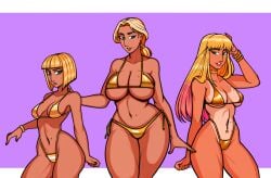 2d 3girls bangs barbara_(frank_draws) beauty_mark big_breasts bikini blonde_hair bob_cut bracelet breasts busty choker daughter earrings eve_(frank_draws) female female_focus female_only frank_draws gold_bikini golden_bikini golden_week green_eyes hourglass_figure long_hair medium_breasts mother mother_and_daughter nail_polish navel navel_piercing nora_(frank_draws) piercing ponytail short_hair sisters tagme tan tan-skinned_female tan_body tan_skin tanline wide_hips