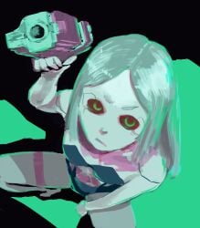 1girls 2020s 2022 barefoot body_markings breasts cybernetics cyberpunk:_edgerunners cyberpunk_2077 cyborg feet female firearm green_eyes gun handgun hi_res human long_hair looking_at_viewer manual pale-skinned_female pale_skin petite pistol rebecca_(edgerunners) red_sclera silver_hair small_breasts solo squatting straight studio_trigger subjectivity tiptoes underwear underwear_only wanrtb weapon