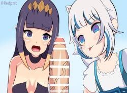 1boy animal_ears bangs blue_eyes blue_hair blush cat_ears censor_bar censored censored_penis clothed_female_nude_male female gawr_gura gawr_gura_(casual) hololive hololive_english hololive_myth huge_cock male ninomae_ina'nis purple_eyes purple_hair redpmb shark shark_girl virtual_youtuber white_hair