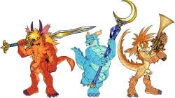 abs anthro balls belly blue_body blue_scales flaccid floppy_ears foreskin genitals grin group gun hi_res horn humanoid_genitalia humanoid_penis kobold magic_user male melee_weapon muscular muscular_anthro muscular_male nude overweight pecs penis ranged_weapon red_body red_scales scales scalie smile staff sword tderek99 trio unretracted_foreskin warrior weapon yellow_body yellow_scales