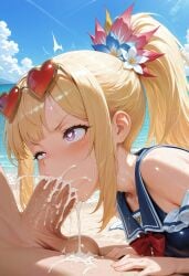 1boy 1girls absurdres ai_generated aiya_ayai blonde_hair blowjob blue_one-piece_swimsuit blue_sky blue_swimsuit breasts cagliostro_(granblue_fantasy) cum_in_mouth cum_overflow deepthroat drooling ejaculation erection excessive_cum fellatio female flower_in_hair granblue_fantasy hair_flower hair_ornament hand_on_another's_thigh heart-shaped_eyewear heart-shaped_pupils hi_res highres huge_cock large_penis large_testicles long_hair male naughty_face one-piece_swimsuit oral oral_sex outdoors penis petite ponytail purple_eyes red_bow sailor_collar saliva saliva_trail sidelocks size_difference small_breasts sucking swimsuit testicles throat_bulge uneven_eyes wet