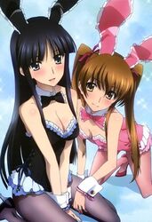 2girls all_fours animal_ears art black_eyes black_hair blush bowtie breasts brown_hair bunny_costume bunny_ears bunny_girl bunnysuit cleavage detached_collar fake_animal_ears female fishnet_pantyhose high_heels highres hime_cut large_breasts long_hair looking_at_viewer multiple_girls official_art ogiso_setsuna open_mouth pantyhose sitting small_breasts smile tied_hair touma_kazusa twintails v_arms voluptuous wariza white_album_(series) white_album_2 wrist_cuffs yellow_eyes yuri