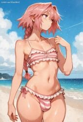 1boy ai_generated astolfo_(fate) beach bikini bulge cute_male fate/apocrypha fate/grand_order fate_(series) femboy frilled_bikini looking_ass stable_diffusion