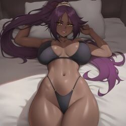 1girls ai_generated bikini bleach breasts dark-skinned_female dark_skin female female_focus female_only large_breasts looking_at_viewer roxor shihouin_yoruichi solo swimsuit thick_thighs thighs wide_hips