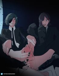 1boy 2girls absurdres artist_name barefoot between_toes black_hair black_jacket black_nails black_necktie blush brown_hair chainsaw_man cooperative_footjob erection eyepatch feet ffm_threesome foot_focus footjob foreshortening green_hair green_nails group_sex hair_ornament hair_over_one_eye hairclip higashiyama_kobeni highres himeno_(chainsaw_man) holding_own_leg jacket knees_apart_feet_together knees_up long_sleeves mjlewds mole mole_under_eye multiple_girls multiple_moles nail_polish necktie one_eye_covered open_mouth parted_lips penis ponytail pov short_hair short_ponytail sitting spread_toes teamwork_(sexual) threesome toenail_polish toenails toes uncensored web_address