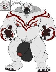 4_toes 5_fingers absurd_res anthro balls bear belly biceps big_balls big_belly big_muscles big_penis black_sclera blush blush_lines claws crotch_tuft demon dialogue fangs feet fingers flaccid foreskin frown fur genitals happy hi_res huge_balls huge_cock huge_muscles humanoid_genitalia humanoid_penis inner_ear_fluff looking_at_viewer male mammal markings multicolored_body multicolored_fur musclegut muscular muscular_anthro muscular_male navel nipples nude open_mouth pawpads paws pecs penis plantigrade polar_bear red_eyes red_tattoo saggy_balls simple_background smile solo speech_bubble tattoo teeth text thick_thighs toes tuft tusks two_tone_body two_tone_fur uncircumcised ursine vein white_body white_fur xyandrith
