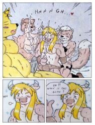 2_horns 3_fingers 5_fingers absurd_res anal anthro athletic athletic_anthro athletic_male barazoku belly biceps black_bracelet black_nose black_penis blizzard_entertainment blonde_hair blue_eyes blush blush_lines bodily_fluids bottomwear bovid bovid_horn bovine bovine_ears bovine_horn bracelet brown_body brown_bracelet brown_clothing brown_fur brown_hair brown_underwear bull_horn canid canine closed_eyes clothing comic comic_panel cum cum_inside cumshot dashfox dashthefox dialogue ebro ejaculation english_text erection fill_(furryratchet) fingers fluffy fluffy_tail foursome fox fur genital_fluids genitals glowing grey_hair group group_sex hair hi_res horn humanoid_genitalia humanoid_penis jewelry kai_(dash_fox) long_hair magic male male/male male_penetrated male_penetrating male_penetrating_male mammal manly moan multicolored_body multicolored_fur musclegut muscular muscular_anthro muscular_arms muscular_male mustelid nude open_mouth orgasm orgasm_face otter pecs penetration penile penis rodent sciurid sex simple_background speech_bubble spell sweat sweatdrop tail tauren teeth text thick_penis traditional_media_(artwork) tree_squirrel underwear vein veiny_penis warcraft yellow_body yellow_fur