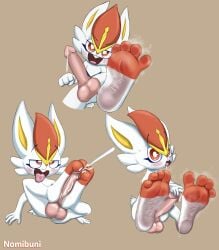 absurd_res anthro bodily_fluids cinderace cum feet foot_fetish foot_focus foot_play footjob generation_8_pokemon genital_fluids hi_res looking_at_viewer male musk nintendo nomibuni pokemon pokemon_(species) sex soles solo
