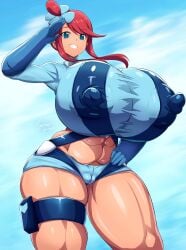 big_breasts big_nipples bimbo breasts enormous_breasts gigantic_breasts gigantic_nipples hips huge_breasts huge_hips huge_nipples huge_thighs hyper_breasts hyper_nipples impossible_clothes impossible_clothing impossible_shirt large_breasts large_nipples massive_breasts nipple_bulge nipples nipples_visible_through_clothing pokemon pokemon_bw red_hair ryusuke_kh skyla_(pokemon) thick_thighs thighs tight tight_clothes tight_clothing tight_shirt tight_shorts wide_hips