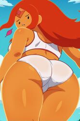 ass back blue_sky cloud day female from_behind from_below long_hair looking_at_viewer looking_back orange_hair outdoors panties sky solo thighs underwear white_bikini white_panties