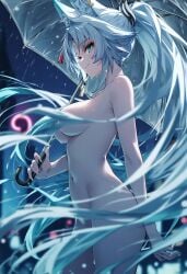ai_generated covered_nipples curvy_ass curvy_body curvy_female feixiao_(honkai:_star_rail) honkai:_star_rail naked_female night_background raaicave raining umbrella white_hair