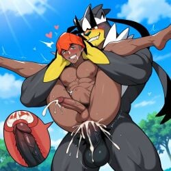 2boys abs ai_generated anal anal_insertion anal_juice anal_orgasm anal_sex anthro anthro_penetrating anthro_penetrating_human anthrofied anus ass belly_button big_balls big_dom_small_sub big_penis bigger_male black_body black_fur black_nose black_pubic_hair blue_eyes blush blush_lines blushing_male civitai cloud clouds cum cum_in_ass cum_inside cum_on_balls cum_on_face dark-skinned_male dark_skin dominant dominant_anthro dominant_male domination duo ear_piercing earrings ejaculating_cum ejaculation ejaculation_while_penetrated ejaculation_while_pentrated fangs full_nelson furry furry_ears furry_male half-closed_eyes headwear heart human human_penetrated looking_at_viewer male male/male male_only muscles muscular muscular_anthro muscular_arms muscular_male muscular_thighs naked naked_male navel nintendo nude nude_male oerba_yun_fang orgasm orgasm_face outdoor_nudity outdoor_sex outdoors outside outside_sex pecs pectorals penis penis_in_ass penis_size_difference pleasure_face pokemon pokemon_(species) pokemon_ss pokephilia pubic_hair raihan_(pokemon) red_eyes red_headwear sex sex_from_behind smile smiling smiling_at_viewer smirk smirking smirking_at_partner standing standing_sex stomach_bulge submissive submissive_human submissive_male sunlight tree urshifu x-ray yellow_fur yellow_skin