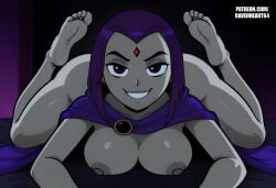 adult ass big_breasts bob_cut bubble_butt cape casual cloak dc dc_comics digital_art digital_media_(artwork) feet feet_up female foot_fetish front_view grey_skin huge_ass human large_ass legs legs_apart legs_up outerwear pale_skin purple_eyes raven_(dc) ravenheart64 smile soles soles_female solo spread_legs spreading teen_titans thick_ass thick_legs thick_thighs toes