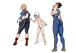1boy 2girls balls cammy_white cfnm chun-li clothed_female_nude_male embarrassed embarrassed_nude_femboy embarrassed_nude_male femboy laugh laughing luna_(dreamyluna19) only_one_naked penis reference ripped_clothing sketchlanza spongebob_reference street_fighter street_fighter_6 underwear