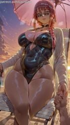1boy 1boy1girl 1girls absurd_res absurd_resolution absurdres ai_generated bare_legs bare_thighs barefoot beach big_breasts braided_ponytail breasts busty chainsaw_man clothing curvaceous curvy curvy_female curvy_figure detailed_background dominant_female female female_focus female_only hi_res high_resolution highres huge_breasts large_breasts light-skinned_female light_skin looking_at_viewer lyuraiart makima_(chainsaw_man) nail_polish nails_painted patreon patreon_url ponytail pose posing red_hair self_upload sunglasses sweat sweaty sweaty_body swimsuit thick_thighs thighs toenail_polish toenails toes wet yellow_eyes