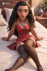 1girls ai_generated arm_support artist_name bed black_hair black_thighhighs breasts brown_eyes brown_thighhighs cleavage dark-skinned_female dark_skin disney disney_princess dress forehead garter_straps hi_res indoors jewelry lace-trimmed_legwear lingerie lips long_hair looking_at_viewer medium_breasts moana moana_2 moana_waialiki necklace on_bed panties pantyshot parted_lips pillow r34arts red_dress sitting small_breasts solo thighhighs underwear
