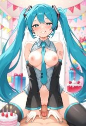 1boy 1girls ai_generated birthday birthday_sex black_stockings blush breasts breasts_out cake clothed clothed_female_nude_male cyan_eyes cyan_hair detached_sleeves female_on_top half-closed_eyes hatsune_miku long_hair male_on_bottom nipples partially_clothed pov presents pussy_on_penis rubbing_pussy rubbing_pussy_against_dick smile smiling stockings tie twintails vocaloid