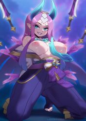 big_breasts big_nipples big_thighs blue_eyes breasts feet horn irelia_xan league_of_legends light-skinned_female light_skin lipstick looking_at_viewer naked naked_female nipples nude purple_hair spirit_blossom_series strongbana thick_thighs thighs