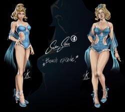 1girls 2d alternate_costume bangs bikini blonde_hair blue_eyes blue_eyeshadow blue_swimsuit bracelet costume female female_only high_heels idea invisible_woman invisible_woman_(marvel_rivals) marvel marvel_rivals milf model ponytail short_hair sue_storm swimsuit taeiris