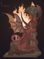 ass bondage breasts brett_neufeld chains collar demon devil devil_tail female fire fire_hair flame_hair hooves horns marble_gate_dungeon nude red_skin shackles sharp_teeth sideboob smile wings wrist_cuffs