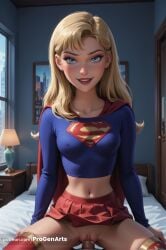 1boy 1boy1girl 1girls ai_generated bed bedroom blonde_hair blue_eyes blue_shirt blush breasts cape clothed_female_nude_male clothed_sex collarbone covered_nipples cowgirl_position crop_top dc dc_comics dcau female hi_res indoors justice_league justice_league_unlimited kara_zor-el lamp lips long_hair long_sleeves looking_at_viewer male medium_breasts midriff miniskirt navel no_panties on_bed patreon_username penis pleated_skirt pov progenarts pussy red_cape red_skirt sex skirt smile solo_focus straddling straight supergirl superhero superman_(series) thighhighs uncensored vaginal_penetration vaginal_sex window