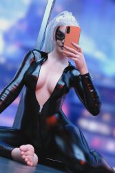 1girls 2025 3d 3d_(artwork) barefoot black_cat_(insomniac) black_cat_(marvel) bodysuit catsuit cleavage feet felicia_hardy female latex marvel marvel_comics mask masked_female phone ponytail selfie skin_tight spider-man_(series) superheroine tight_clothes tight_clothing ver1tie white_hair