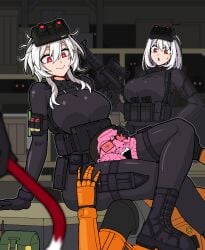1boy 2girls assassin big_breasts black_ops black_ops_assassin breasts choking female_ass femdom gordon_freeman half-life half-life_(series) meme multiple_females multiple_girls notmicid red_eyes scissorhold skintight skintight_bodysuit white_hair white_hair_female