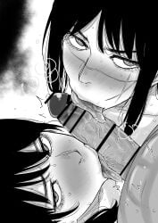 1boy 2girls big_penis black_and_white blowjob blush censor_bar censored censored_penis chainsaw_man double_fellatio eye_contact fellatio female kaiman_garupan licking licking_penis long_hair looking_at_viewer male mitaka_asa monochrome oral penis saliva scar scar_on_face shounen_jump threesome yoru_(chainsaw_man)