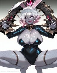 ai_generated asmodeusoni briar_(league_of_legends) bunny_ears bunnysuit league_of_legends licking_lips restrained semen_on_chest squatting white_hair
