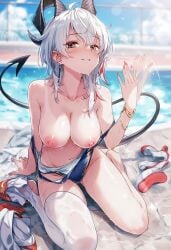 ai_generated breasts_out nipples one-piece_swimsuit poolside raaicave sitting_on_floor sweating waving_hand wuthering_waves zani_(wuthering_waves)