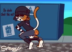 :3 absurd_res anthro anus ass beanie biped blue_body blue_fur bottomless bottomwear bottomwear_down breasts calico_cat cat_tail clothed clothing crouching dialogue domestic_cat ear_piercing ear_ring epic_games eyebrows feet felid feline felis female fire fishbone fortnite fur hat headgear headwear hi_res jacket lighter looking_at_viewer mammal meow_skulls meow_skulls_(fortnite) multicolored_body multicolored_fur orange_body orange_fur pants pants_down partially_clothed piercing ring_piercing shirt simple_background small_breasts smokey_the_menish smug soles solo solo_focus tail text topwear white_body white_fur yellow_eyes