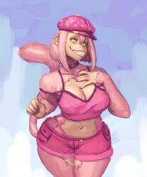1girls 2d 2d_(artwork) anthro anthro_female big_breasts breasts cleavage clothed clothed_female female furry furry_female looking_at_viewer monkey monkey_girl original original_character pink_fur pink_hair pink_hair_female redustheriotact shorts smile smiling smiling_at_viewer thick_thighs thighs yellow_eyes