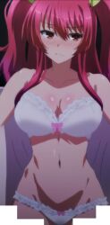 1girls blush blush bra breasts cleavage embarrassed embarrassed_expression embarrassed_underwear_female embarrassed_undressed_female exposed_midriff eyebrows_visible_through_hair forced_humiliation forced_presentation forced_undressing humiliating_herself humiliation large_breasts panties pink_hair presenting_underwear rakudai_kishi_no_cavalry red_eyes screencap solo solo_female solo_focus stella_vermillion stitched twintails underwear undressing