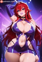 1girls ahoge ai_generated armpits bimbofication black_panties bodycon breasts choker cleavage corruption dress earrings female green_eyes high_school_dxd jewelry large_breasts lipstick long_hair looking_at_viewer makeup navel o-ring panties prostitution purple_dress red_hair rias_gremory smile solo tgv9173 thighs underwear