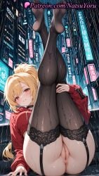 1girls 2025 ai_generated anus ass bangs black_thighhighs blonde_hair blush breasts choker clothing feet foot_fetish garter_straps hi_res highres hood hoodie hoyoverse jacket juicy_butt large_breasts legs legs_up long_hair long_sleeves looking_at_viewer luciana_de_montefio mihoyo natsuyoru no_panties no_shoes oshiri parted_lips patreon ponytail pussy rain red_eyes red_jacket smile soles solo thighhighs thighs toes vagina voluptuous voluptuous_female wet zenless_zone_zero