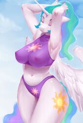 absurd_res alicorn anthro areola bikini bikini_bottom bikini_top breasts closed_eyes clothing cutie_mark equid equine evlass female friendship_is_magic genitals hair hasbro hi_res horn horse mammal multicolored_hair my_little_pony mythological_creature mythological_equine mythology navel nipples pony princess_celestia_(mlp) pussy solo swimwear translucent translucent_clothing two-piece_swimsuit wings