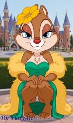 1girl :3 animal_ears animal_nose artist_name bare_shoulders blue_eyes blue_sky blurry blurry_background body_fur breasts brown_fur chipmunk clarice_(chip_n_dale) cleavage closed_mouth day disney dress eyeshadow female flower full_body furry green_dress hair_flower hair_ornament hands_on_own_knees happy looking_at_viewer makeup medium_breasts outdoors panties pantyshot por_furryart_(artist) signature sky smile solo squatting squirrel straight-on strapless strapless_dress two-tone_fur underwear white_fur white_panties yellow_flower