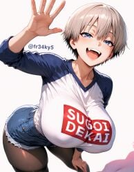 ai_generated covered_nipples denim_shorts fr34ky grey_hair huge_breasts oppai short_hair sugoi_dekai uzaki-chan_wa_asobitai! uzaki_hana