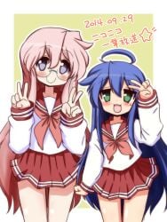 2014 2girls ahoge blue_hair double_v female glasses green_eyes konata_izumi long_hair lucky_star miyuki_takara mizushima_(p201112) mole mole_under_eye multiple_girls neckerchief pink_hair posing_for_the_viewer purple_eyes red_neckerchief ryouou_school_uniform school_uniform serafuku simple_background smile smiling_at_viewer v very_long_hair