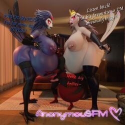 3d_(artwork) anonymousfm anthro areola ass avian balls beak bed bedroom belly big_belly big_breasts big_butt bird breasts canid canine crown demon dialogue digital_media_(artwork) english_text erection fan_character feathers female female_stolas fox fur furniture genitals group hair headgear helluva_boss hi_res hug hugging_belly humanoid knot knotted_penis larger_female male male/female mammal mythological_creature mythology navel nipples nude open_mouth owl owl_demon penis pregnant pregnant_anthro pregnant_female red_eyes short_anthro short_male size_difference smaller_male smile stella_(helluva_boss) stolas_(helluva_boss) tail text thick_thighs trio white_body