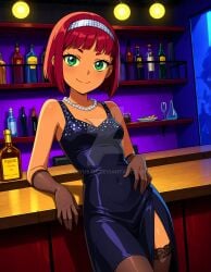 2025 ai_generated bar_(place) black_dress black_gloves black_handwear black_leggings cartoon_network dc dc_comics deviantart elryusam green_eyes looking_at_viewer meta mouth_closed not_porn orange_body orange_skin red_cheeks red_eyebrows red_hair_female smile_at_viewer smiling_at_viewer starfire_(teen_titans) teen_titans vintage_clothing white_collar