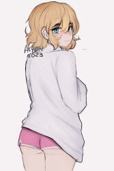 1boy 1femboy 1male 2023 akyumu alternative_body_build ambiguous_gender ass ass_focus blonde_hair blue_eyes femboy femboy_focus femboy_only girly girly_boy looking_at_viewer looking_back milo_(akyumu) open_shirt oversized_clothes oversized_shirt pink_shorts shorts shy square_irises white_background white_shirt