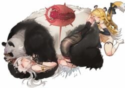1boy 2girls agaver bear_ears big_breasts female female_focus furry furry_male hoyoverse ju_fufu ju_fufu_(zenless_zone_zero) large_penis male pale-skinned_female pale_skin panda size_difference threesome yixuan_(zenless_zone_zero) zenless_zone_zero