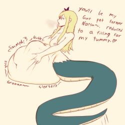 1boy 1girls big_belly blonde_hair breasts digestion digestion_noises fairy_tail_100_years_quest female female_pred in_love_with_prey lamia long_hair lucy_heartfilia male male_prey monster_girl naga natsu_dragneel nipples nude nude_female nure-onna oral_vore same_size_vore semisenpai snake_girl unwilling_prey vore vore_belly willing_pred