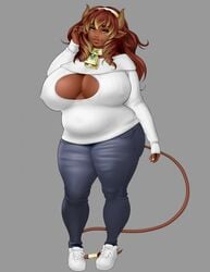 breasts cleavage cleavage_cutout corruption_of_champions cow_girl cowbell dark-skinned_female dark_skin drill_hair excellia_(corruption_of_champions) female hair horns huge_breasts jeans ketsuga long_hair plump pointy_ears red_hair shoes solo standing sweater tail tail_ornament two_tone_hair yellow_eyes